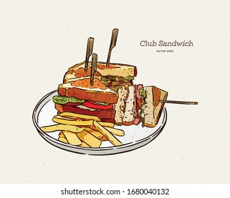 Club sandwich with fries, hand draw sketch vector.