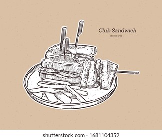 Club sandwich with fries, hand draw sketch vector.