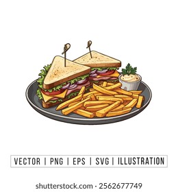 Club Sandwich and Fries Illustration - Delicious Meal Vector Art Design