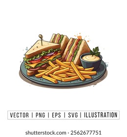 Club Sandwich and Fries Illustration - Delicious Meal Vector Art Design