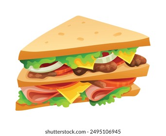 Sándwich de club con jamón, lechuga, tomate y queso. Vector ilustración de dibujos animados