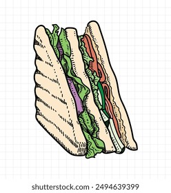 Club sándwich dibujado a mano comida de dibujos animados para concepto de negocios. Estilo de ilustración de cómic de Vector.