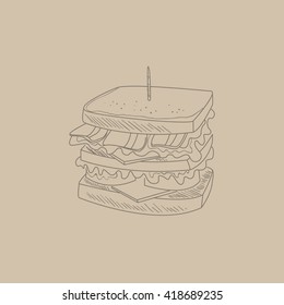 Club Sandwich Hand Drawn  Cool Monochrome Vector Contour Sketch 
