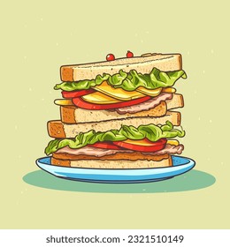 Klubsandwich. Sandwich handgezeichnet Illustration. Cartografik im Vektordoodle-Stil