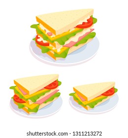 Club sandwich on a plate. Healthy snack, breakfast. Bread, cheese, lettuce, ham, tomato slice, sauce. Tasteful meal. Vector cartoon flat style colorful illustration set isolated on white background.