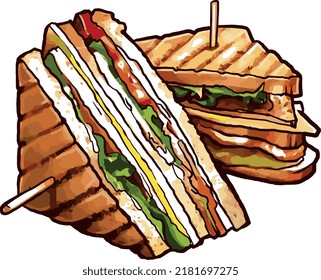 Club Sandwich bereit zum Essen mit weißem Hintergrund, Vektorgrafik schnelle Mahlzeiten Mittagessen Abendessen Frühstück.