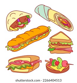 Club sandwich, tapas, falafel, deli wrap and roll. Colorful hand drawn vector illustrations set isolated on background. Outline stroke is not expanded, stroke weight is editable