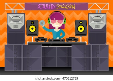 Club season vector illustration with girl-dj, studio audio monitors and modern concert loudspeakers.