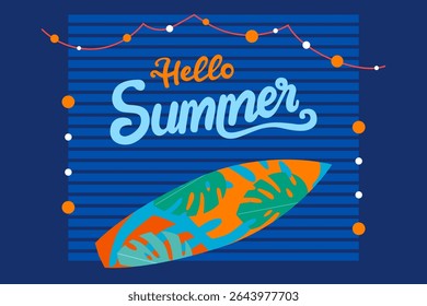 Club sign with "Hello Summer" and a surfboard. Summer concept vector illustration.