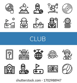 club simple icons set. Contains such icons as DJ, Golf, Whack a mole, Golfer, Waterpolo, Vynil, Poker chip, Card game, Hospice, Water polo, can be used for web, mobile and logo