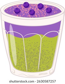 Club smoothies in fresh tropical style with blueberries and kiwi berries, creamy texture. Refreshing fruit drink with berries, cream mixture and organic ingredients. Flat vector illustration