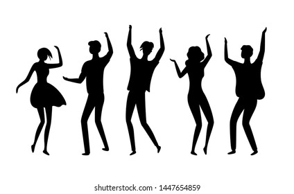 Clubbers vector, silhouette of isolated people having fun in clubs, dancers flat style man and woman moving bodies and raising hands up partying youth