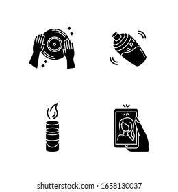 Clubbing black glyph icons set on white space. Night club recreation, entertainment venue silhouette symbols. DJ record, cocktail shaker, hot shot and selfie vector isolated illustrations