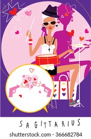 Clubbing fashionable young woman playing drums at concert in club. Sagittarius horoscope sign. Play drums. Woman playing drums. Music poster. Night club poster.