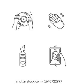 Clubbing pixel perfect linear icons set. Night club customizable thin line contour symbols. DJ record, cocktail shaker, hot shot and selfie isolated vector outline illustrations. Editable stroke