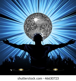 clubbing scene with DJ crowd and disco ball