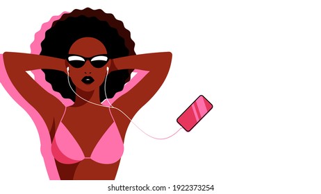 Clubhouse audio chat. The listening. Beautiful girl with headphones is listening to podcast. Concept of audio chat, social media, communication, discussion. Vector Illustration with white background