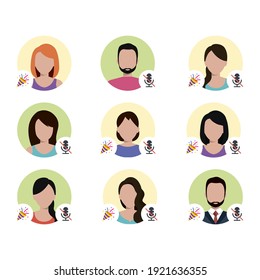 Clubhouse audio chat. Social network avatars. Avatars of men and women. The participants of the chat. Chatting with friends. Vector illustration.