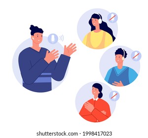 Clubhouse chat room. Social media app for conversation, speaker and audience in white headphones. Listen modern audio podcast utter vector concept