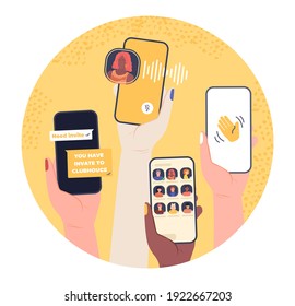 Clubhouse chat screen. Smartphone voice conversation in audio-only social network. Hands hold gadget with invite, talk room, podcast, record waves. App interface template isolated vector concept.