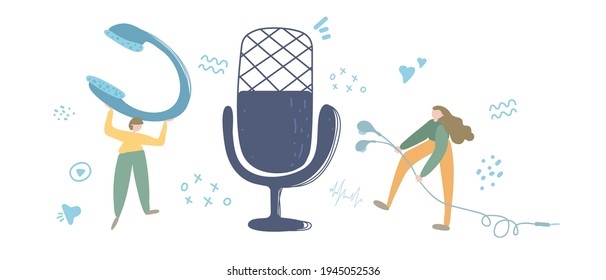 clubhouse concept, podcast show hand drawn flat vector illustration. man with headphones and microphone cartoon character. Internet radio broadcasting, multimedia entertainment abstract concept