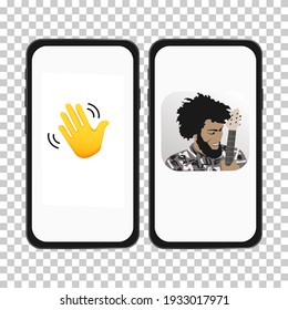 Clubhouse logo screen. Social network for communication via audio messages.Smartphone isolated on transparent background	Set of smartphone icon with a  hand ,and a man on display.