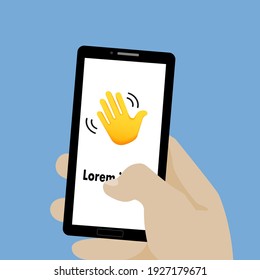 Clubhouse mockup screens with logotype. Social network for communication via audio messages.Hand holding smartphone.