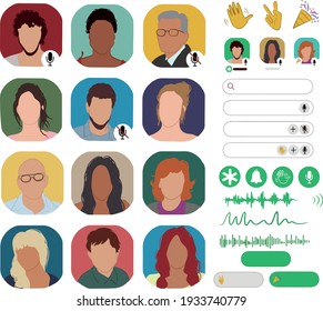 clubhouse set. clubhouse social network icons.Clubhouse audio chat. Social network avatars - avatars of various men and women. The participants of the chat. Chatting with friends. Vector illustration.