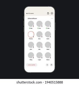 Clubhouse UI Mockup. Mobile interface for meeting application in realistic smartphone mockup. Voice conference. Social Network. Vector illustration