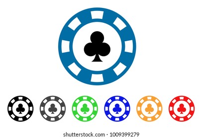 Clubs Casino Chip icon. Vector illustration style is a flat iconic clubs casino chip symbol with gray, yellow, green, blue, red, black color versions. Designed for web and software interfaces.