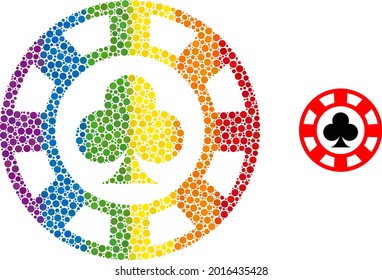 Clubs casino chip mosaic icon of round dots in different sizes and rainbow color tones. A dotted LGBT-colored clubs casino chip for lesbians, gays, bisexuals, and transgenders.