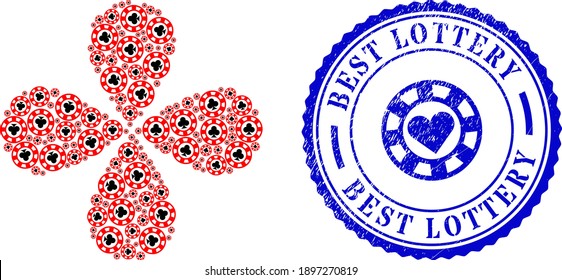 Clubs casino chip swirl flower shape, and blue round BEST LOTTERY grunge stamp print with icon inside. Object flower with 4 petals organized from oriented clubs casino chip items.