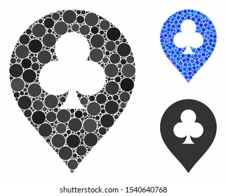 Clubs casino pointer composition of small circles in various sizes and shades, based on clubs casino pointer icon. Vector small circles are combined into blue composition.