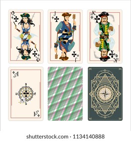 Clubs deck playing card. Pirates style character. Black rank illustration game card