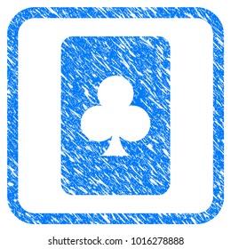 Clubs Gambling Card grunge textured icon inside rounded frame for overlay watermark imitations. Flat symbol with scratched texture.