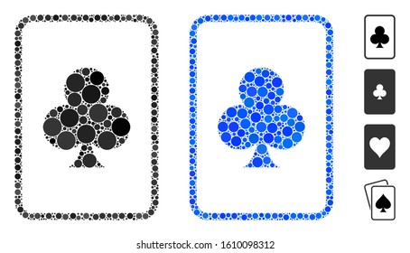 Clubs gambling card mosaic of circle elements in different sizes and color hues, based on clubs gambling card icon. Vector circle elements are grouped into blue composition.
