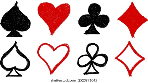 Clubs Heart Spades Diamond Poker Symbols Icons Crayon Chalk Drawing Vector Set