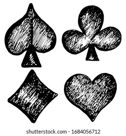 Clubs, Hearts, Diamonds, Spades. Gambling suits in hand drawing style. Signs for board games. Having fun. Handmade style of playing cards. Vector on a white background, for decoration. design, print.