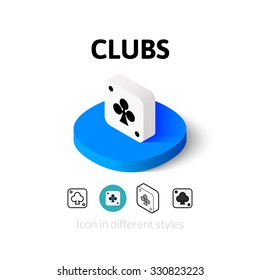 Clubs icon, vector symbol in flat, outline and isometric style