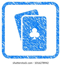 Clubs Playing Cards grainy textured icon inside rounded rectangle for overlay watermark imitations. Flat symbol with dirty texture.