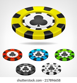 clubs poker chip isometric color set 3D object isolated on white vector illustration