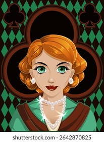 Clubes poker girl, carta art deco, ilustração vetorial