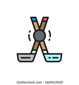 Clubs and puck, sports equipment flat color line icon.