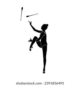 Clubs Rhythmic Gymnastics postures flat sihouette vector. Rhythmic Gymnastics female athlete black icon on white background.