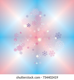 Clubs shaped Christmas background with random scatter falling colorful snowflakes, bright lights and sparkles on a blue and pink blurred background