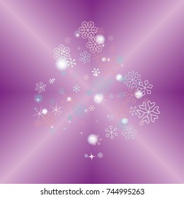 Clubs shaped Christmas background with random scatter falling colorful snowflakes, blurred lights and sparkles on a lilac gradient background