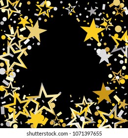 Clubs shaped frame or border Christmas gold and silver stars confetti falling isolated on black