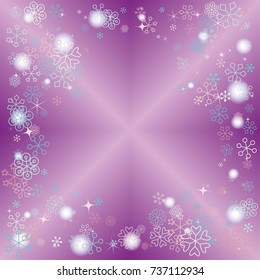 Clubs shaped frame or border Christmas background with random scatter falling colorful snowflakes, blurred lights and sparkles on a lilac gradient background