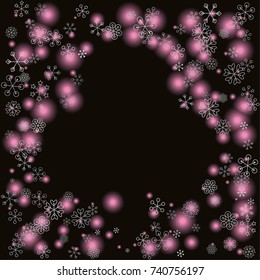 Clubs shaped frame or border Christmas background with random scatter falling silver snowflakes and pink blurred lights isolated on black