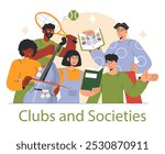 Clubs and Societies concept. Diverse group engaging in hobbies, from sports to music and stamp collecting. Celebrating community interests. Vector illustration.